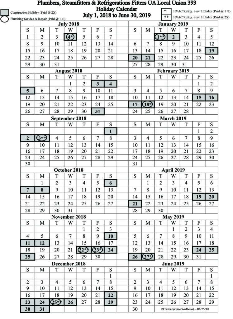 July 1, 2018 June 30, 2019 Holiday Calendar Local 393