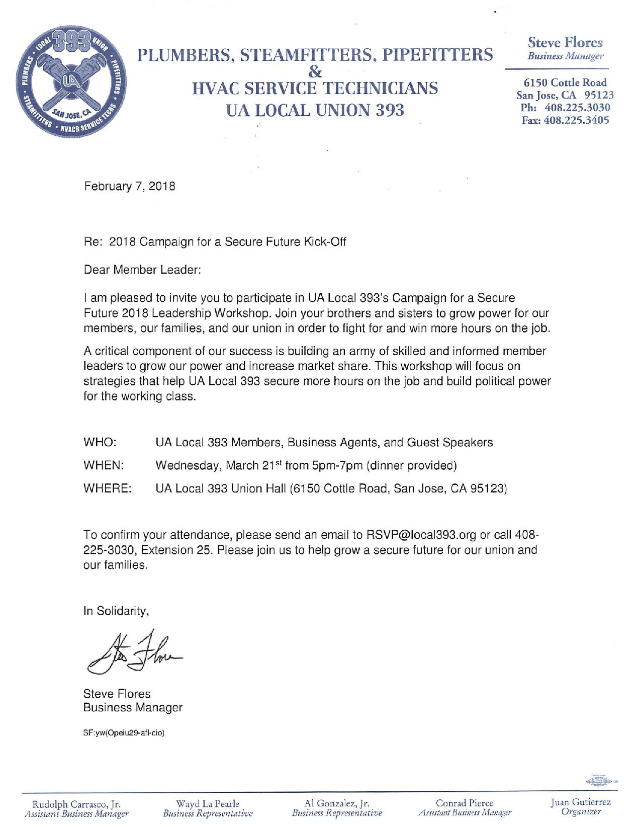 UA Local 393 Campaign for a Secure Future 2018 Leadership Workshop union San Jose 
