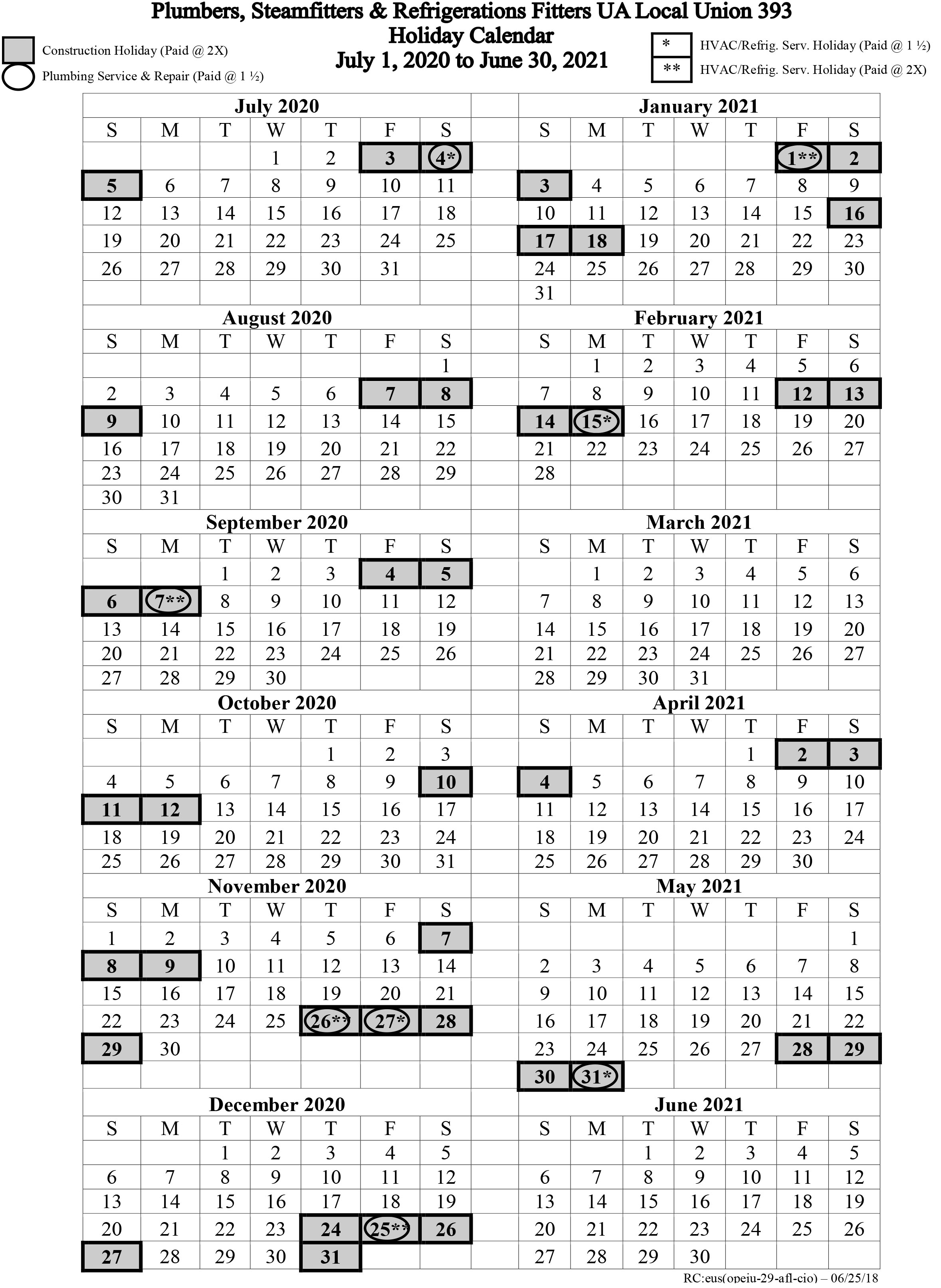 Local 393 Holiday Calendar 2022