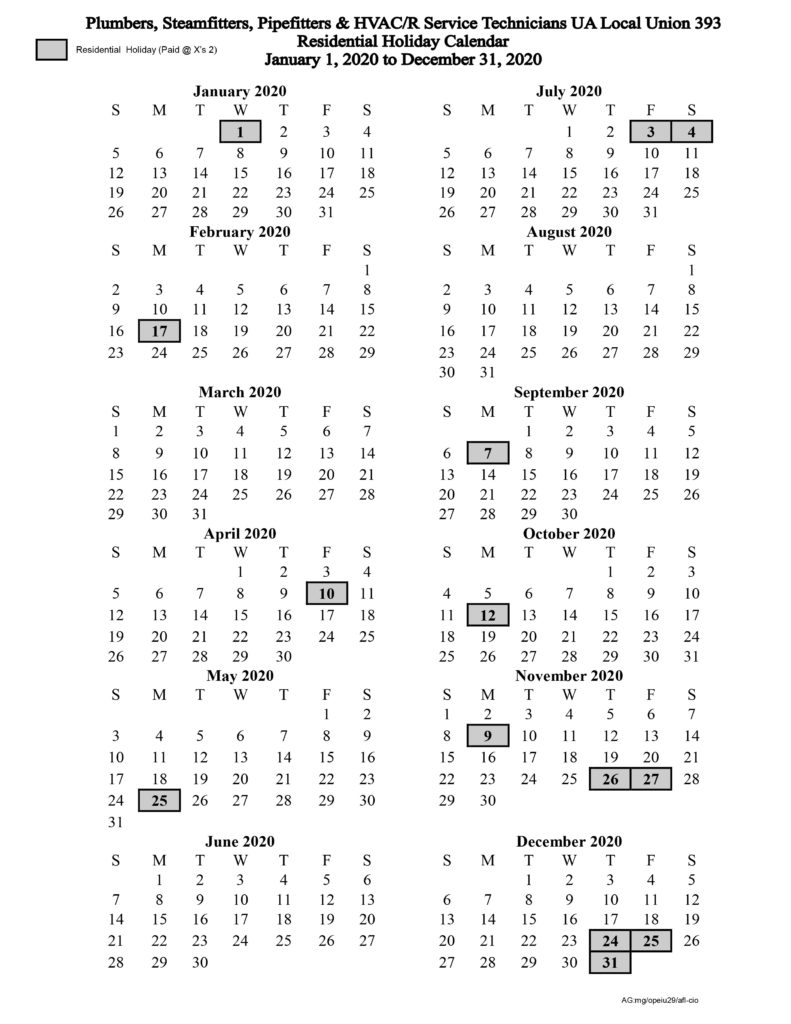 January 1, 2020 December 31, 2020 Residential Holiday Calendar
